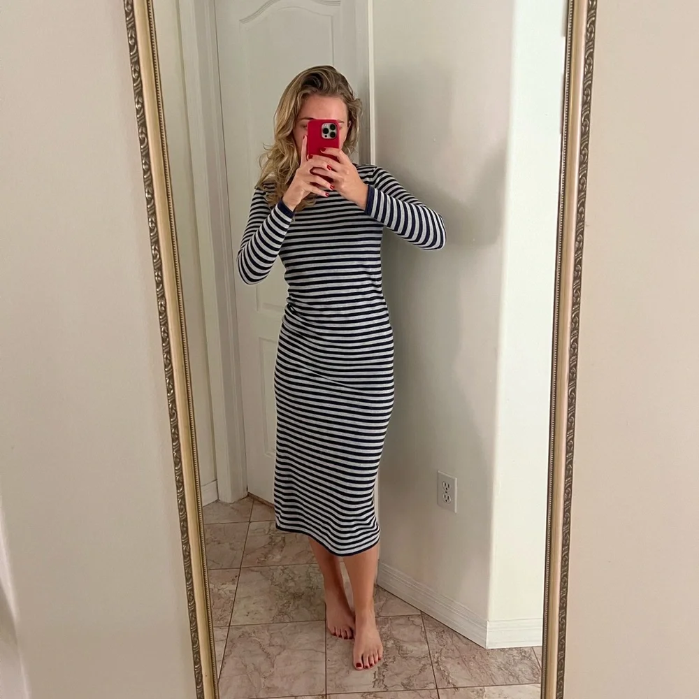 MASSIMO DUTTI sz XS Cotton Midi Sweater Dress Striped Navy Blue and light Grey - Picture 1 of 6